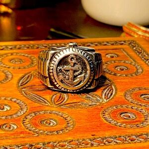 Men’s Vintage Silver Nautical ring with center anchor,antiqued detailing,13